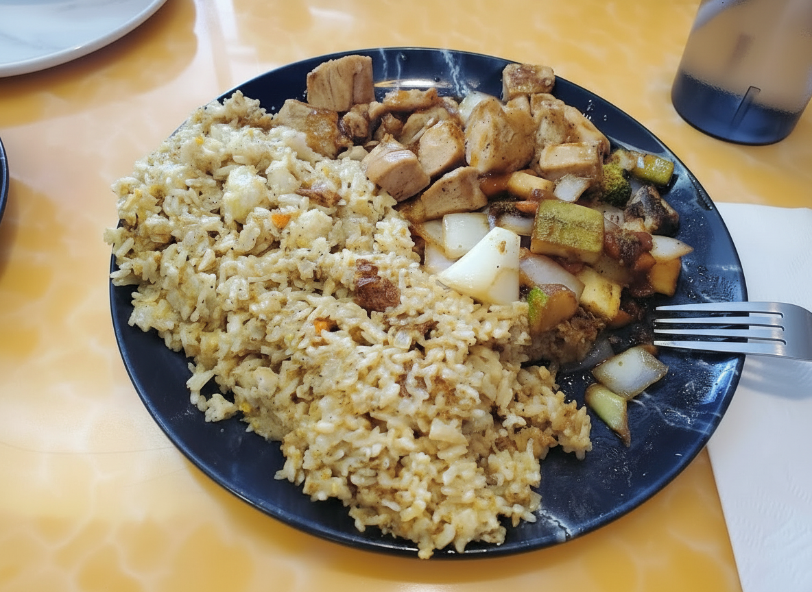 Chicken hibachi with fried rice and sautéed vegetables at White Buddha.
