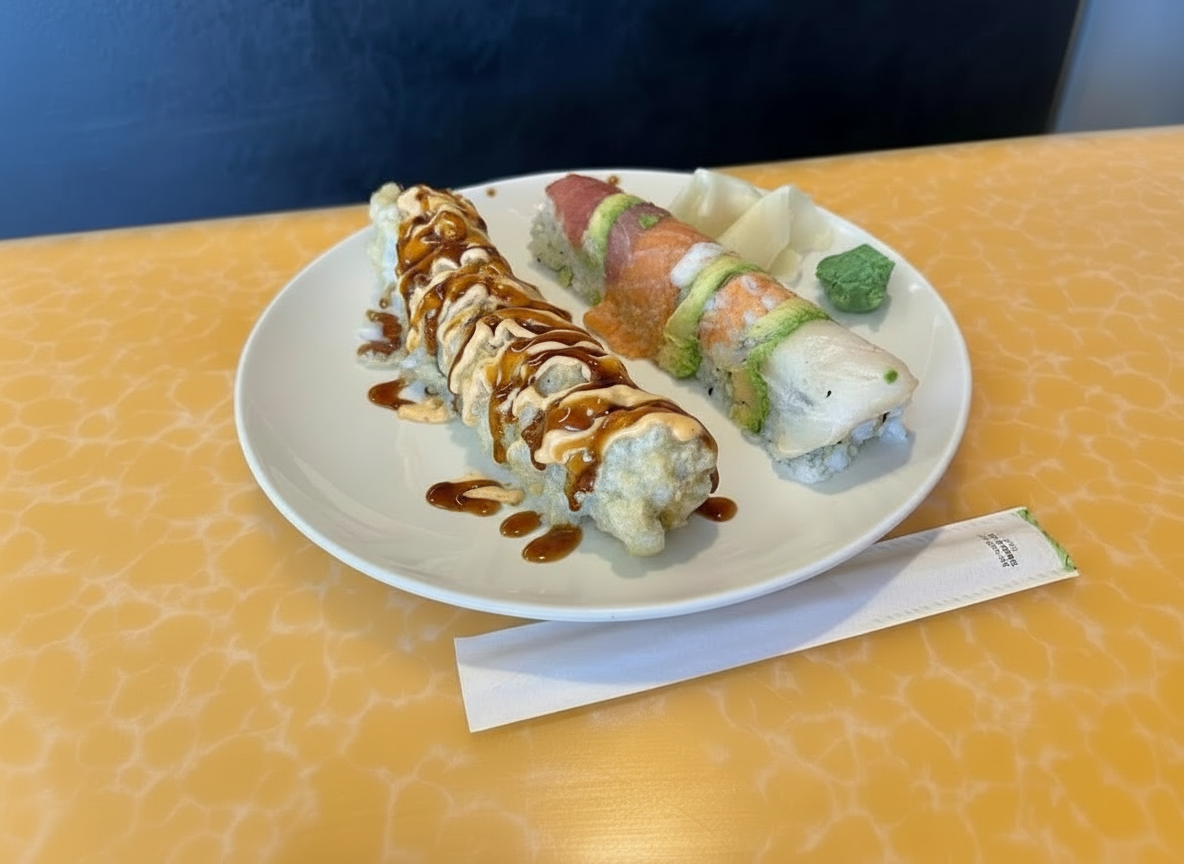 Rainbow roll with fresh sashimi and tempura roll with eel sauce.