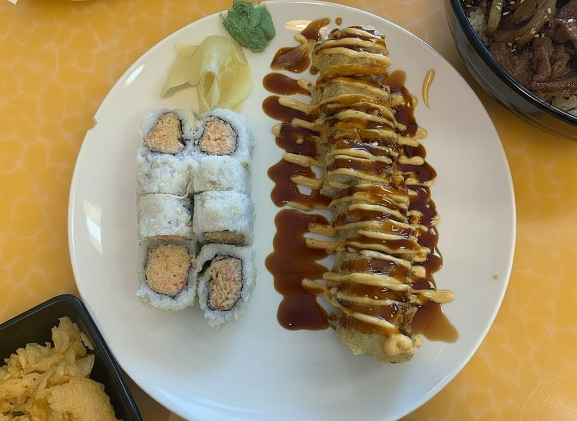 California roll and specialty roll with eel sauce drizzle.